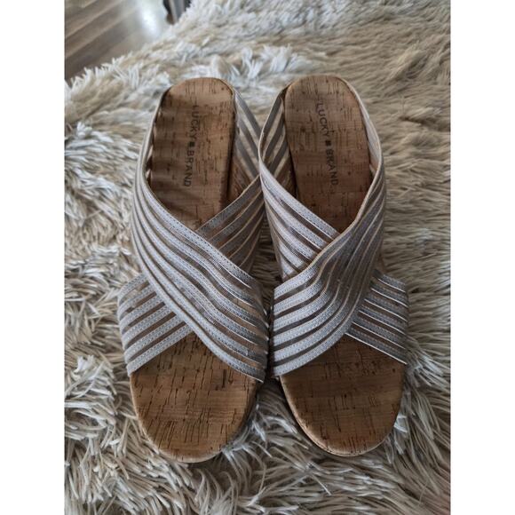 Lucky Brand Miller Cork Wedge Open Toe Platform Sandals 9.5 Criss Cross Strap - Picture 8 of 11